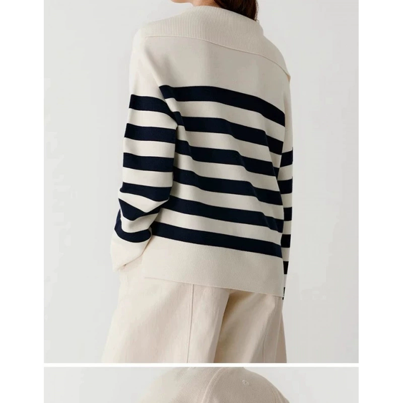 Свитер с поло-воротником женский осенний новый корейский стиль свободный повседневный полосатый дикий отворот с длинными рукавами трикотажный топ
