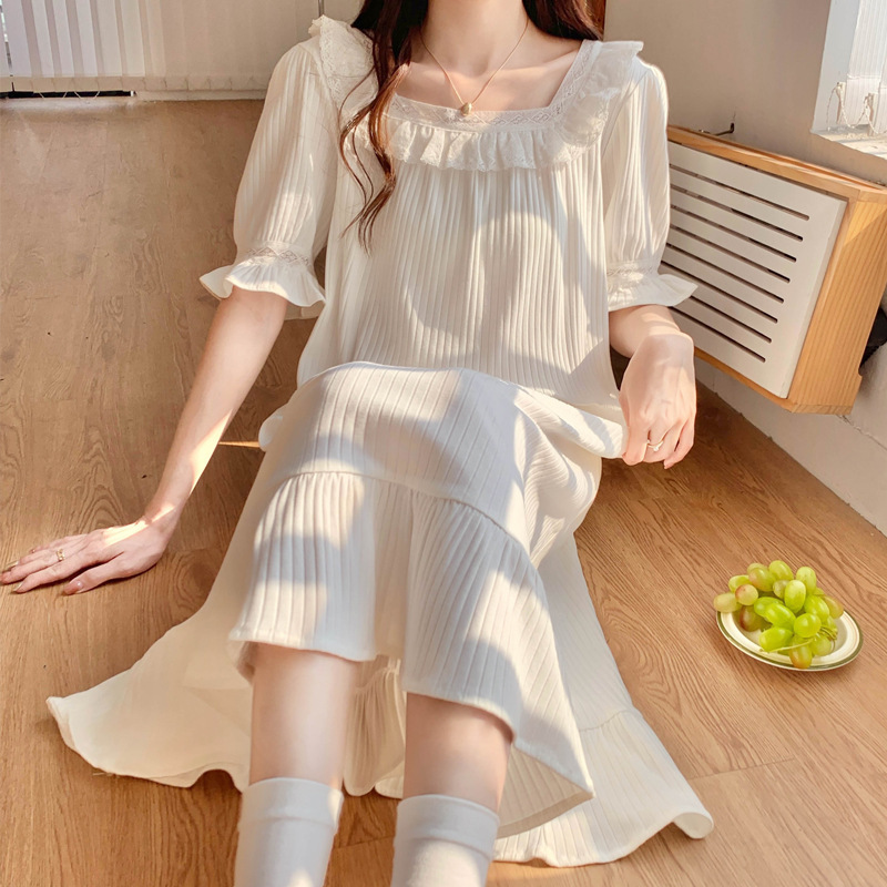 Women's cotton nightdress spring/summer 2023 new sweet court lace square collar Princess cotton pajamas home wear
