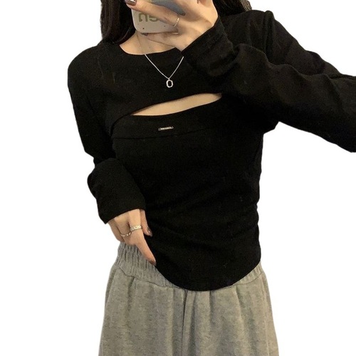 Age-defying versatile pure desire niche long-sleeved round-neck early autumn short-sleeve women's innerwear two-piece faux wrap-inset Instagram trending base shirt