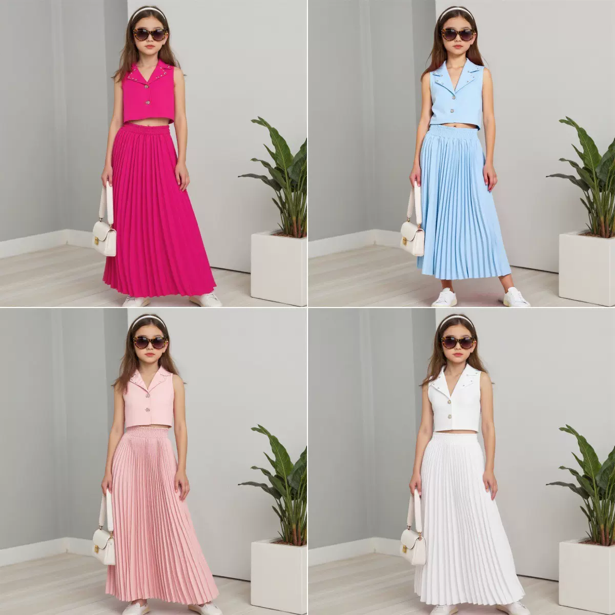 夏季亚马逊欧美跨境女童时尚西装领闪砖+百折裙两件套厂家直销现