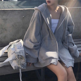 Grey Thin Zipper Sweatshirt Women's Spring and Autumn Korean Casual Jacket plus size Loose Sports Hooded Top
