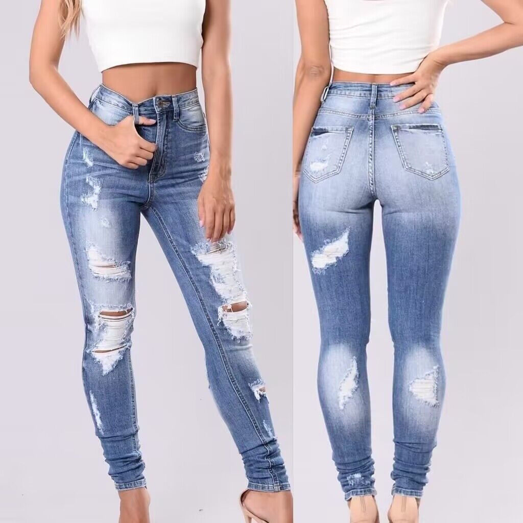 European and American denim ripped women's wish Amazon stretch-foot pants for women