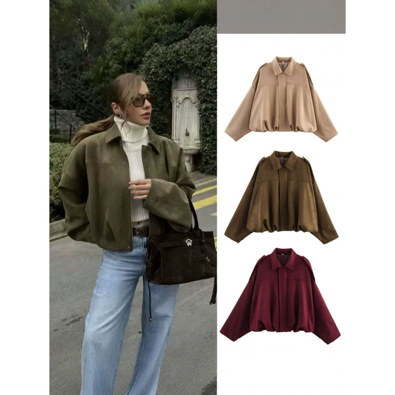 Bomber Jacket European and American Women's Fashion 2026 Fashionable Batwing Sleeve Zipper Casual Top Suede