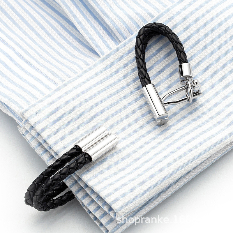 New Personalized Creative Leather Rope Cuff Cufflinks Men's Formal Wedding French Shirt Cufflinks Black Silver Business Style