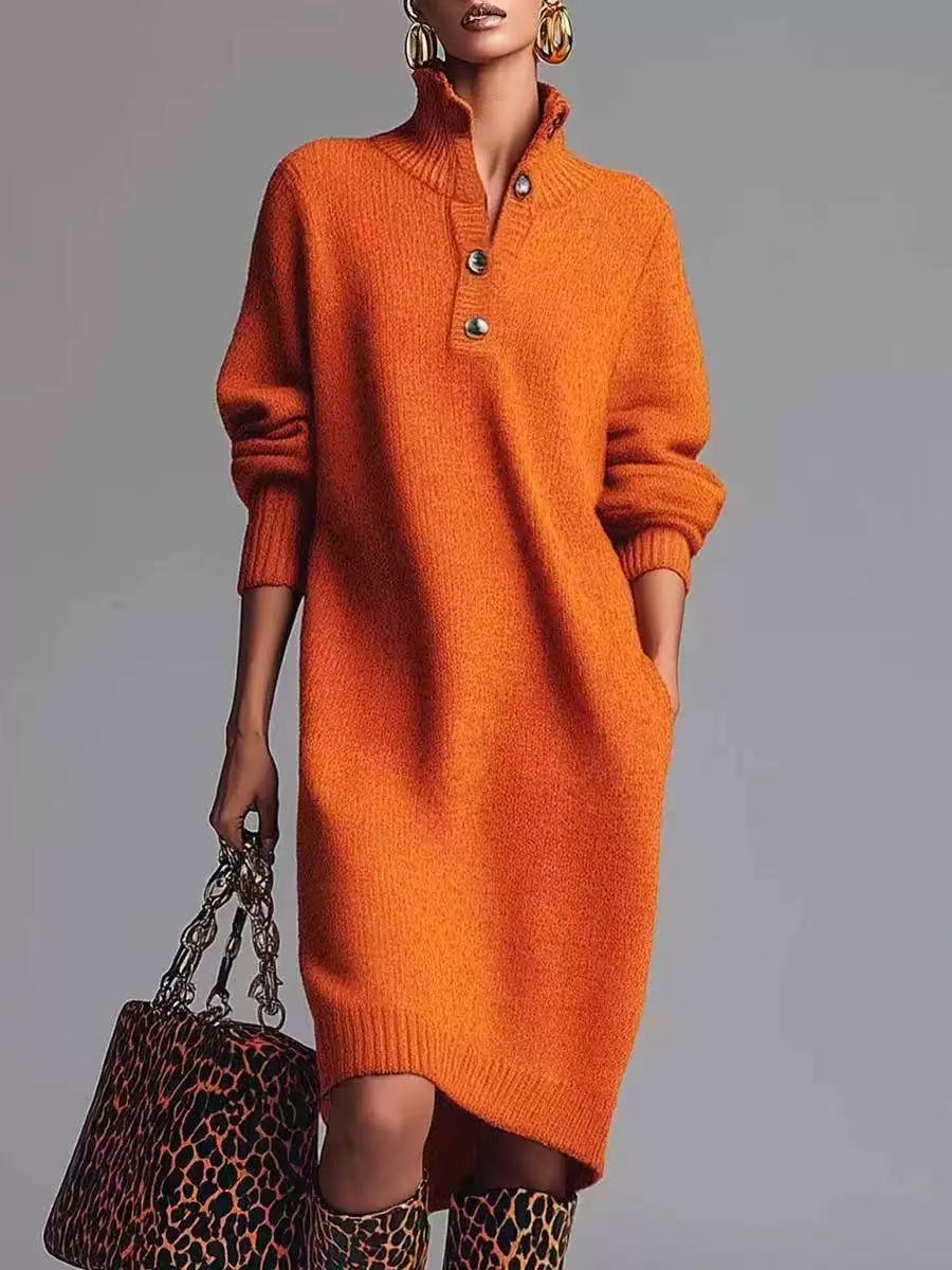 Robe pull en maille boutonnée femme robe casual mi-longue automne_voghion.com