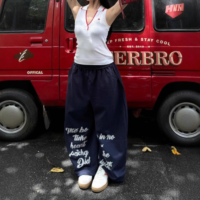 美式街舞嘻哈运动裤街头卫裤女字母印花长裤阔腿休闲显瘦弯刀裤子|undefined