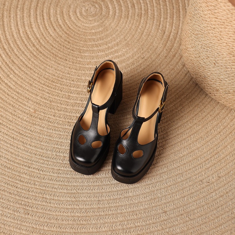 Sandal nữ đế xuồng platform gót vuông phong cách vintage khóa kim loại — màu nâu, màu đen chi tiết 49