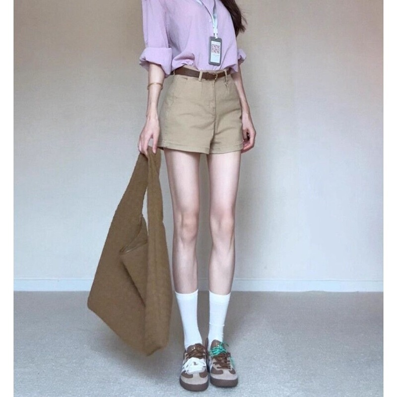 Simple Khaki Denim Shorts for Women, New Summer Style, Elegant Old Money Style, High-Waisted, Trendy Wide-Leg Pants, Loose Hot Pants