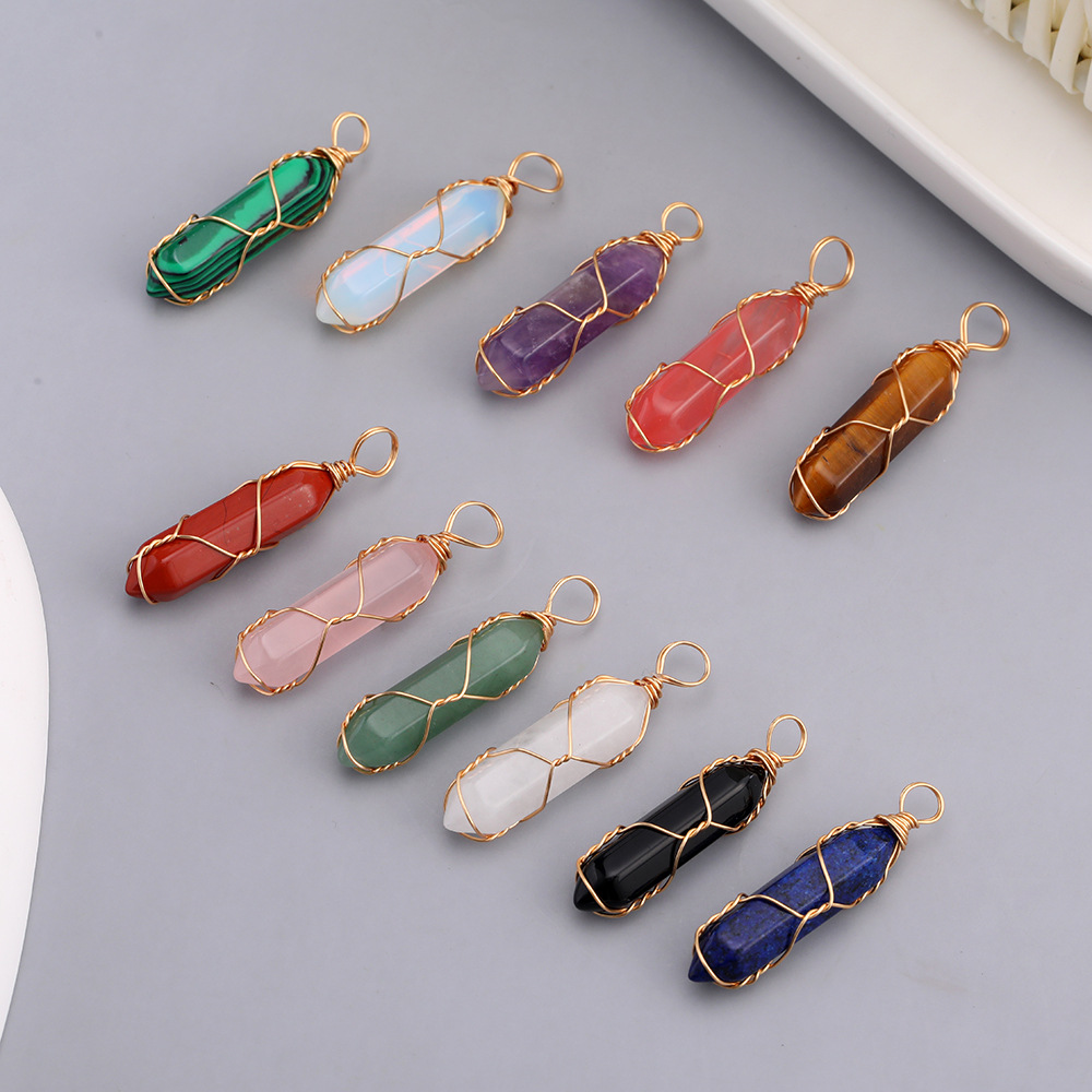 European and American Retro Hexagonal Column Pendulum Necklace Pendant Natural Stone Crystal Pendant DIY Necklace Accessory Jewelry Parts