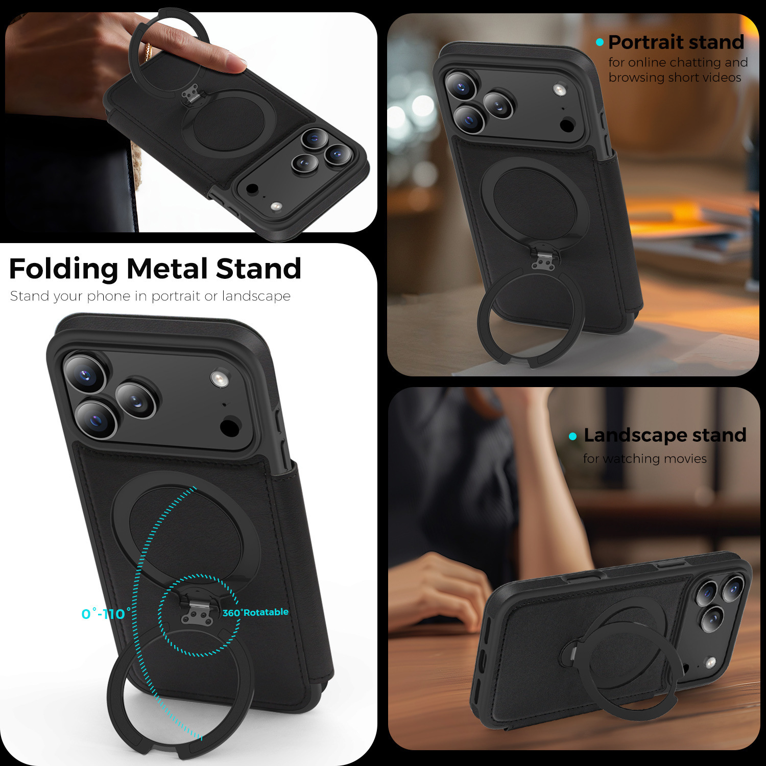 Ốp lưng da lật iPhone 16 Pro Max xoay 360 độ tích hợp giá đỡ từ tính — màu đen, màu xanh hoàng gia, Màu nâu, xám chi tiết 15