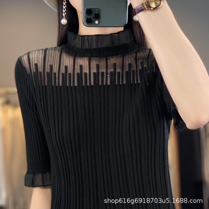 Worsted Wool Lace Thin Short-sleeved Mesh Stitching Sweater Mid-sleeved Mock Collar Stylist Summer Vest