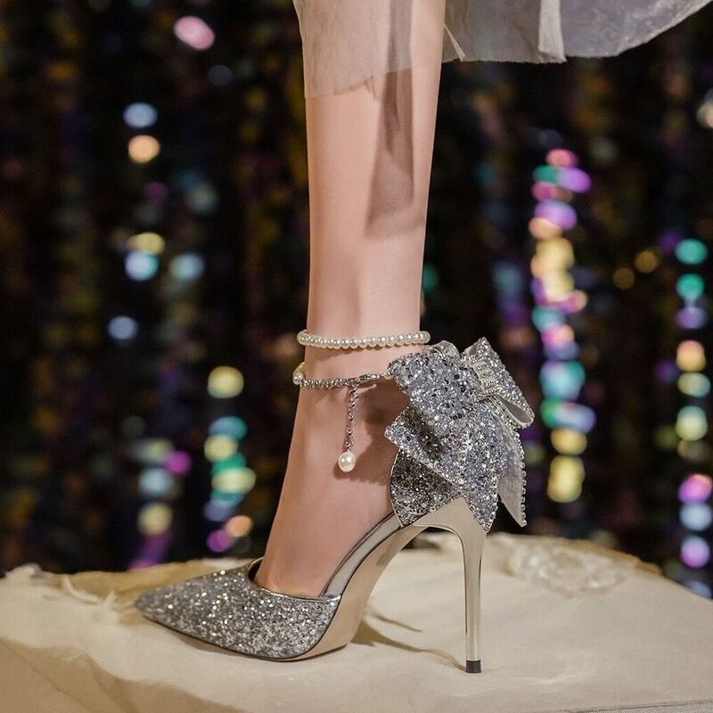 French Silver Sweet Fairy Crystal Shoes 2025 Spring & Fall New Style Rhinestone Bow High Heels Wedding Shoes French Silver Sweet Fairy Crystal Shoes 2025 Spring & Fall New Style Rhinestone Bow High Heels Wedding Shoes