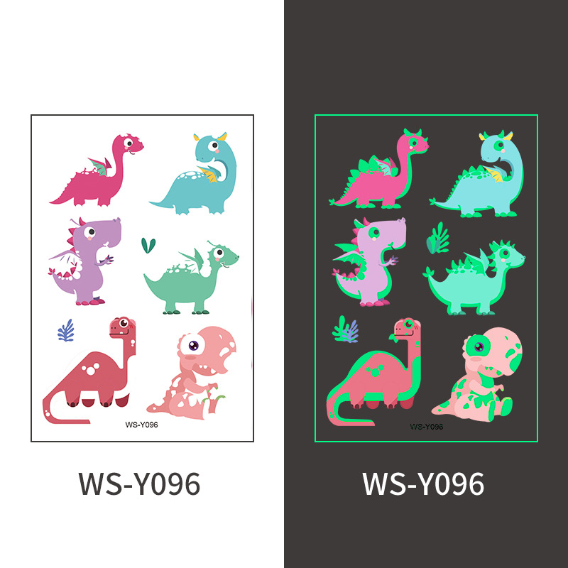 Pegatinas de tatuaje de dinosaurio luminoso Dibujos animados para niños Diversión Tyrannosaurus Rex Sudor impermeable Pegatinas de recompensa luminosas de color verde fluorescente temporal