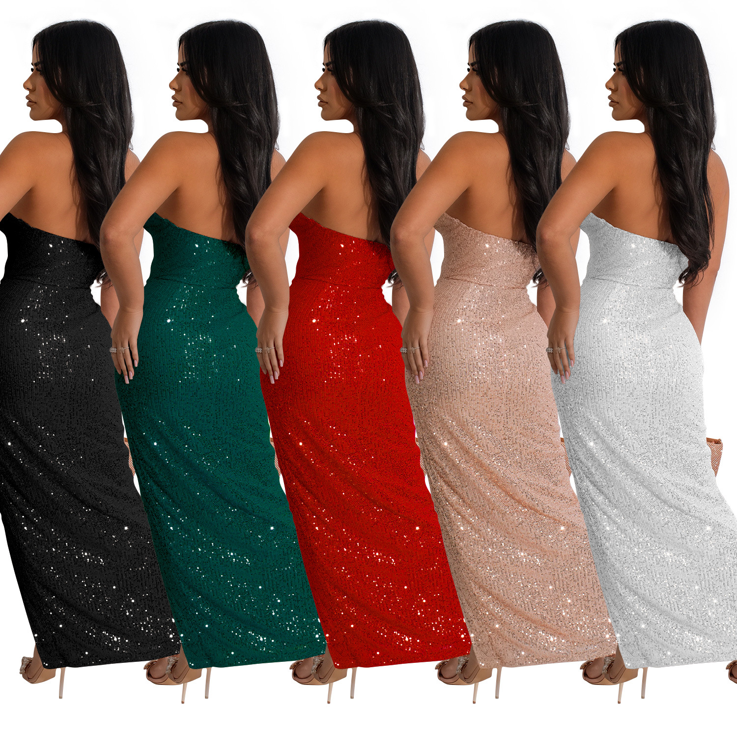 C6782 transfronteriza AliExpress Amazon europeo y americano de las mujeres de moda de color sólido sexy vestido de lentejuelas vestido sin espalda image 6