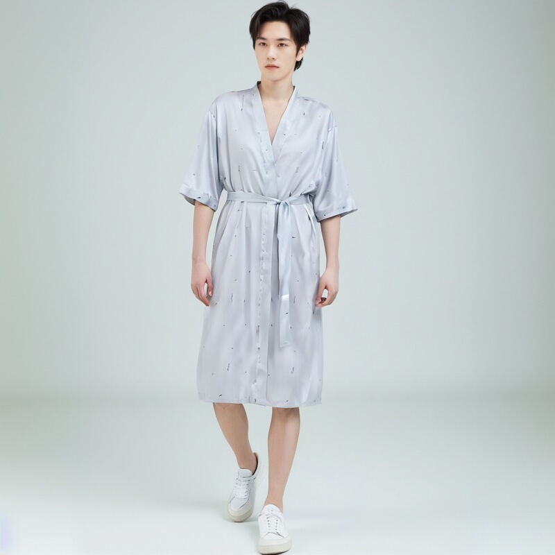 High-grade Ice Silk Nightgown Men's Summer Short-sleeved Thin Bathrobe Men's Mid-length Spring and Autumn Pajamas Home Clothes
