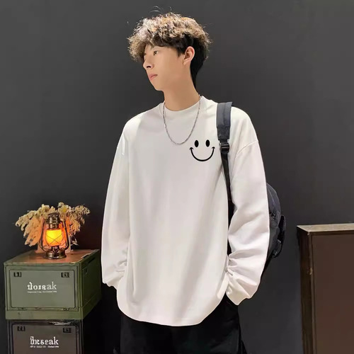 White Heavyweight Men's Long-Sleeve T-Shirt 100% Cotton 230g Ribbed Crew Neck Men's Fashion Han Style Loose Base T-Shirt for Wholesale