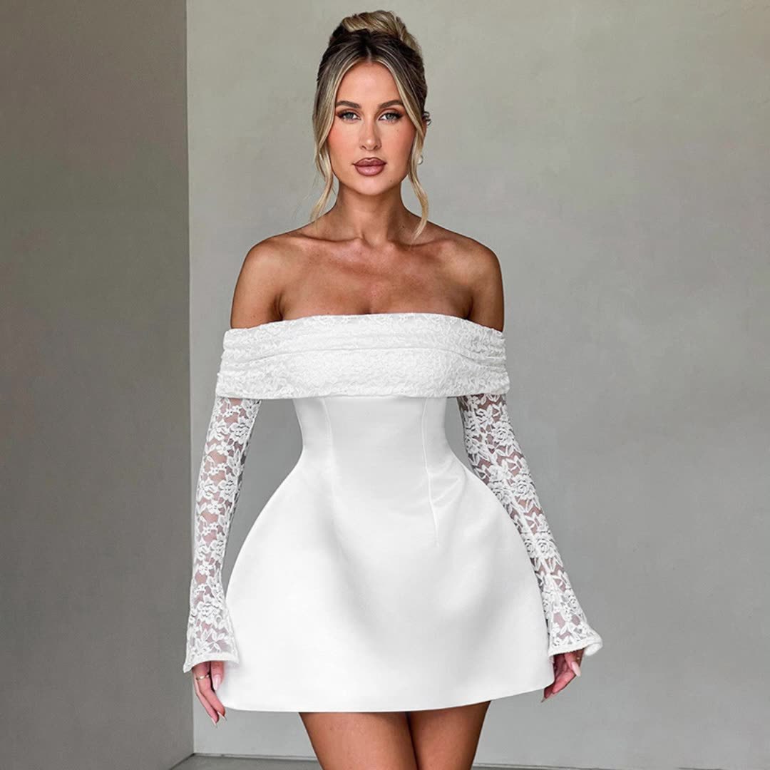 2025 verano nuevo estilo europeo y americano transfronterizo ropa de mujer de un solo hombro top de tubo de manga larga sexy vestido de encaje delgado en forma de A image 1