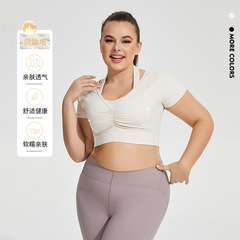 US size plus size padded crossbody yoga tops for women, running sports bras with short sleeves, fitness tops T-shirt