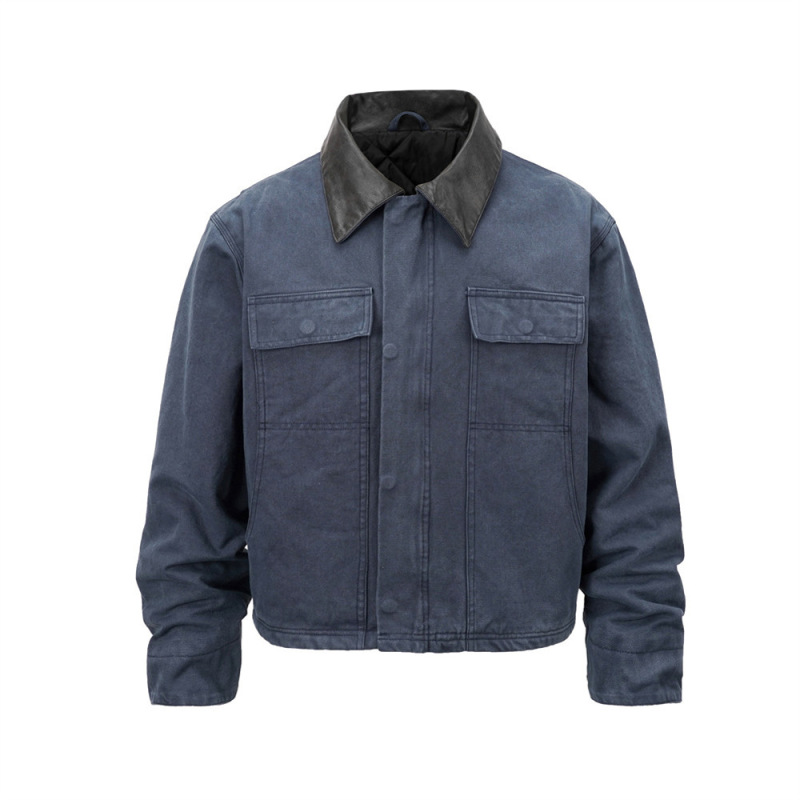 American Retro Padded Work Jacket for Men, Winter Punk Street Style, Distressed Color-Blocking Pu Leather Short Jacket with Turn-Down Collar