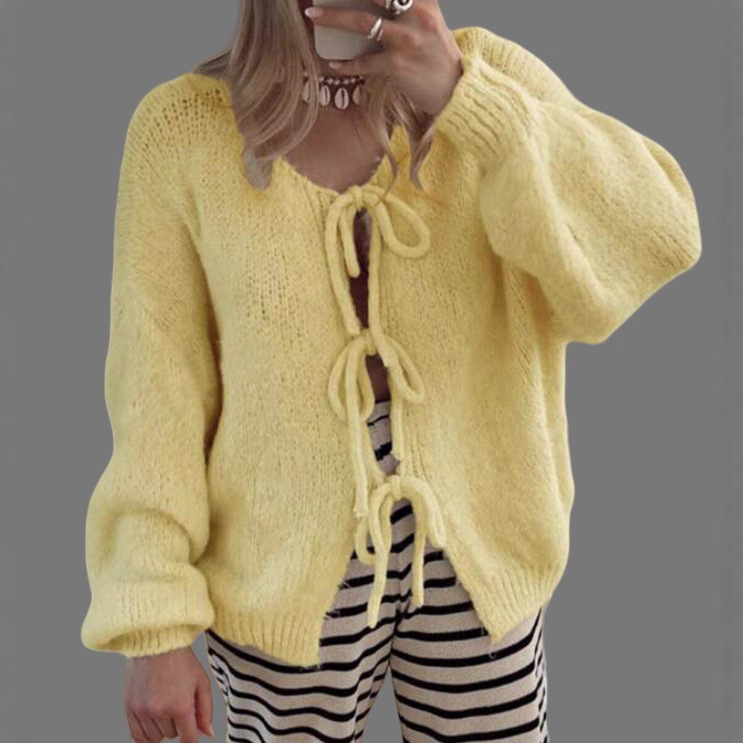 V-Neck Lace-Up Knitted Cardigan Jacket 2025 European and American Cross-Border Autumn and Winter New Pure Color Small Fragrant Sweater for Women