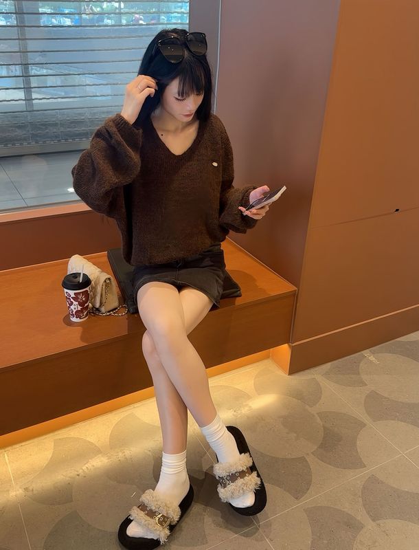 YS日韩休闲秋冬慵懒风宽松羊毛v领灯笼袖针织衫百搭简约套头毛衣|undefined