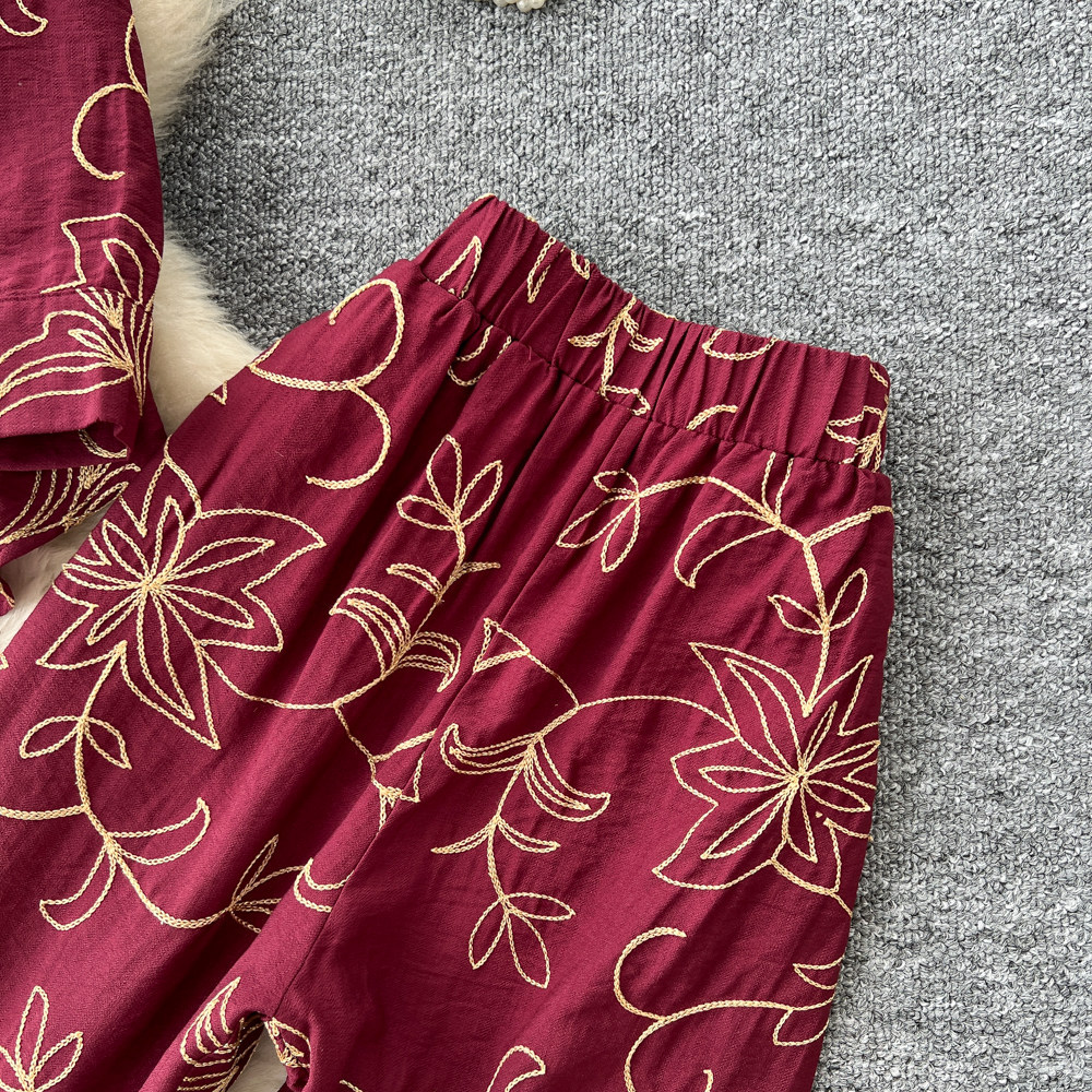 Women's Leaf Embroidery Two Piece Set Cardigan And Wide Leg Pants Slimming Versatile Autumn 2026 Commuting Clothing_ecoleips.com