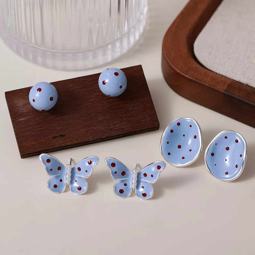 小清新滴油蓝白波点蝴蝶耳钉女银针甜美简约时尚百搭少女心耳饰