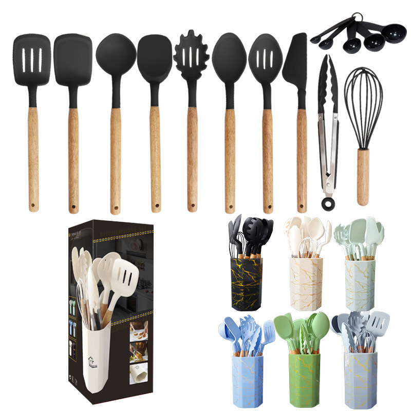 Cuchara de sopa de espátula de silicona Juego de 12 piezas olla antiadherente para cocinar pala de silicona para uso doméstico de calidad alimentaria Juego de utensilios de cocina de silicona al por mayor