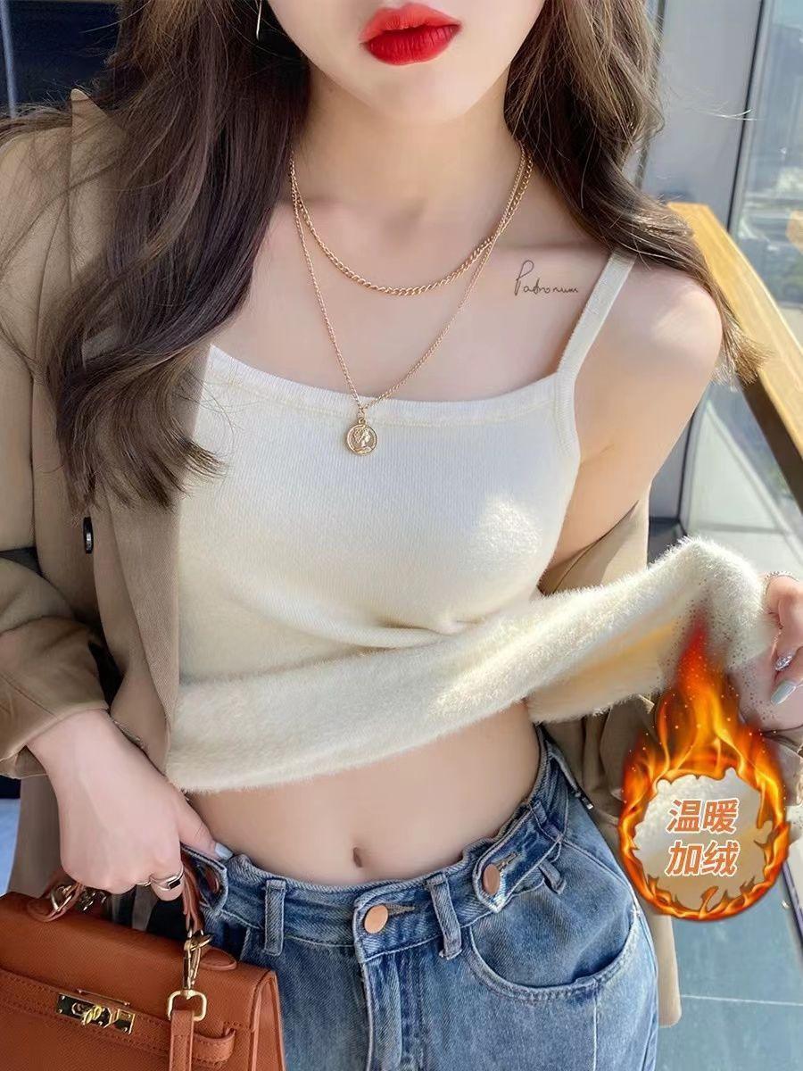 一体绒2023秋冬针织加绒吊带背心女装内搭毛衣保暖遮副乳打底上衣