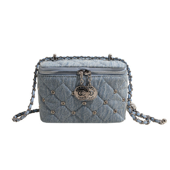 Korean Style New Denim Small Chanel Style Diamond Plaid Chain Box Bag Elegant All-match Shoulder Bag Fashion All-match Small Bag