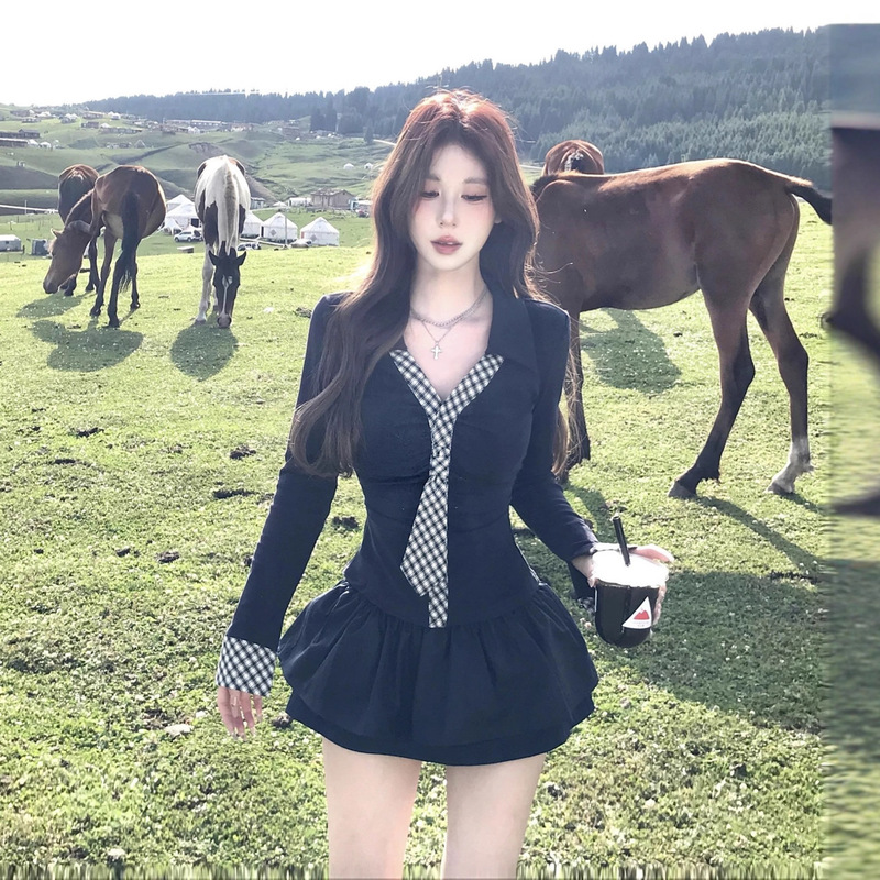 Trendy Plaid Tie Spliced Long-Sleeve Women's Top and Unique Puff Floral Skirt Set for Spring and Autumn