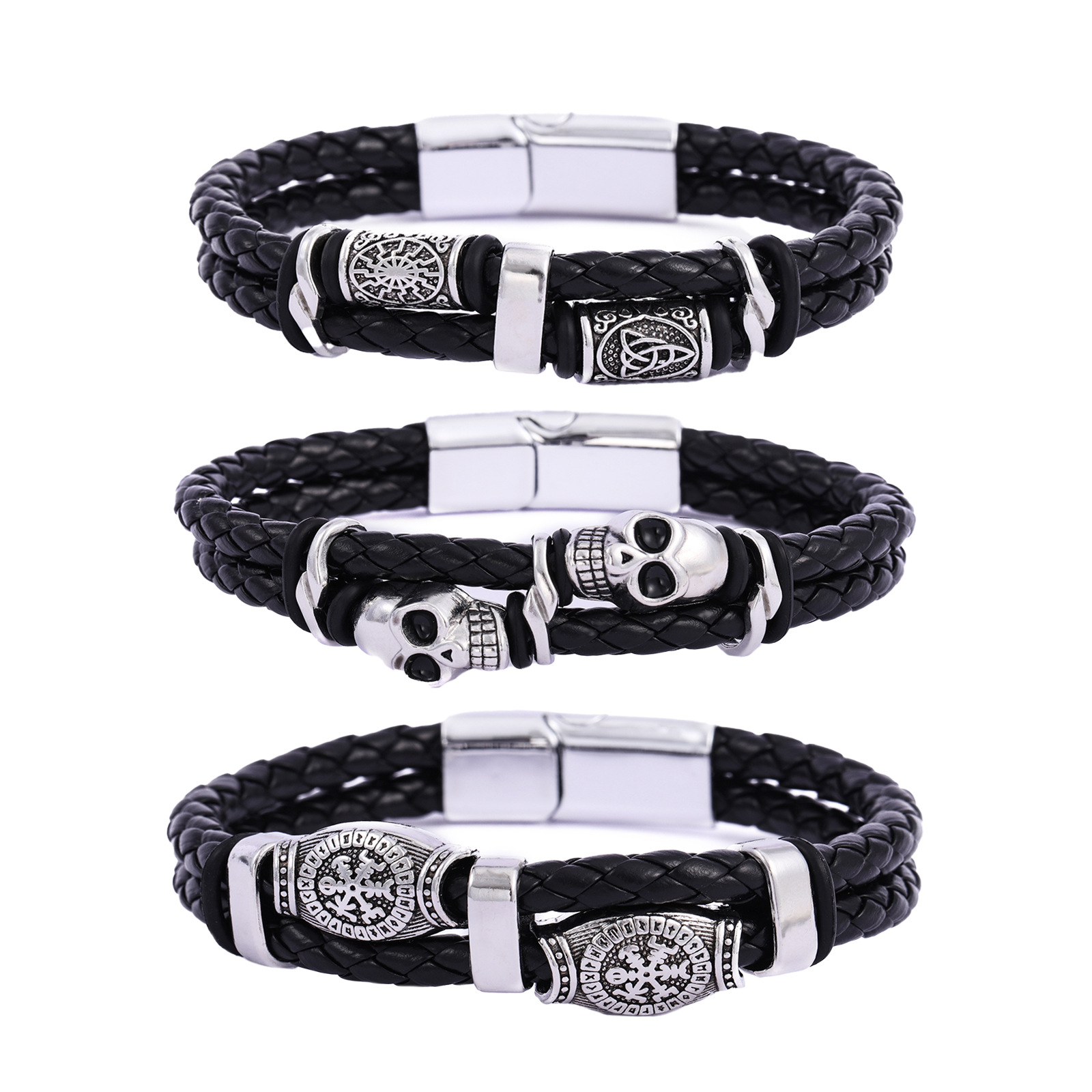 Cross-Border Leather Bracelet Personalized Double-Layer Viking Bracelet Men's Retro Pattern Skull Hip-Hop Leather Bracelet Bracelet