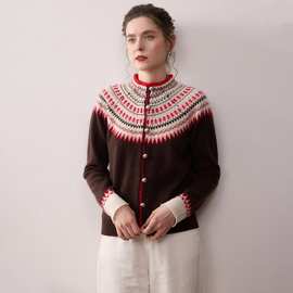 费尔岛提花山羊绒针织开衫女复古氛围感撞色软糯保暖长袖毛衣外套