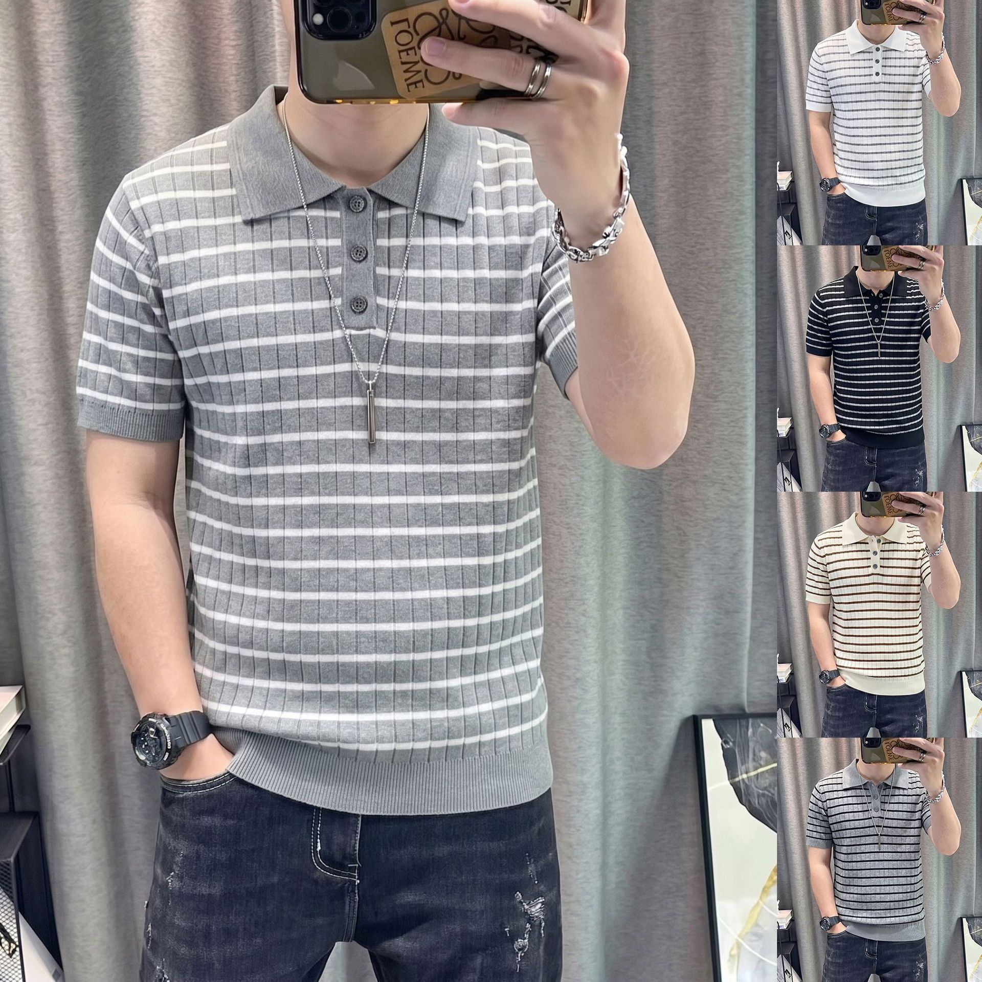 Camisas de polo camisetas de punto de manga corta camisetas a rayas de hombre texturas de alto nivel viejos ganancias de hielo seda verano fábrica transfronteriza al por mayor