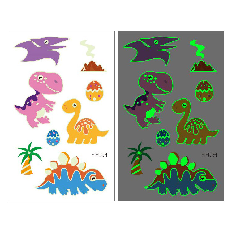 Suministro transfronterizo nuevo dinosaurio luminoso tatuaje pegatinas niños dibujos animados diversión pegatinas luminosas pegatinas temporales del tatuaje
