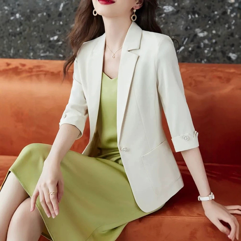 Fashion 2025 New Summer Spring Autumn Thin Women's Small Suit Slim-Fit Short Three-Quarter Sleeve Elegant Top Jacket