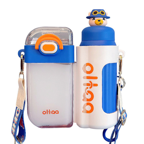 Cute cartoon 316 stainless steel children's thermos cup outdoor portable double warehouse plastic cup large capacity straw cup