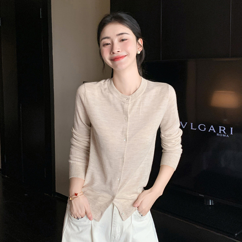 Fine-Spun 100% Pure Wool Cardigan Women's Round Neck Autumn and Winter Pure Color Long-Sleeved Sweater Short Inner Top Knitted Layering
