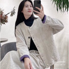 文艺复古纯色棉纱双层圆领长袖撞色上衣2025秋季新款宽松大码外套