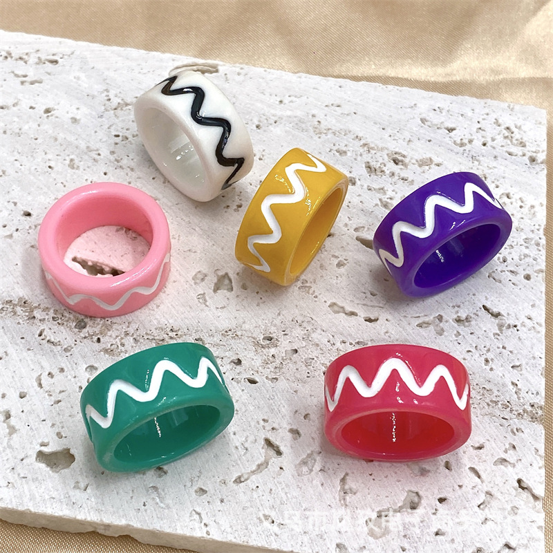 Nueva Corea del Sur ins estilo nicho personalidad onda línea hecha a mano pintura al aceite pintado resina anillo transfronterizo