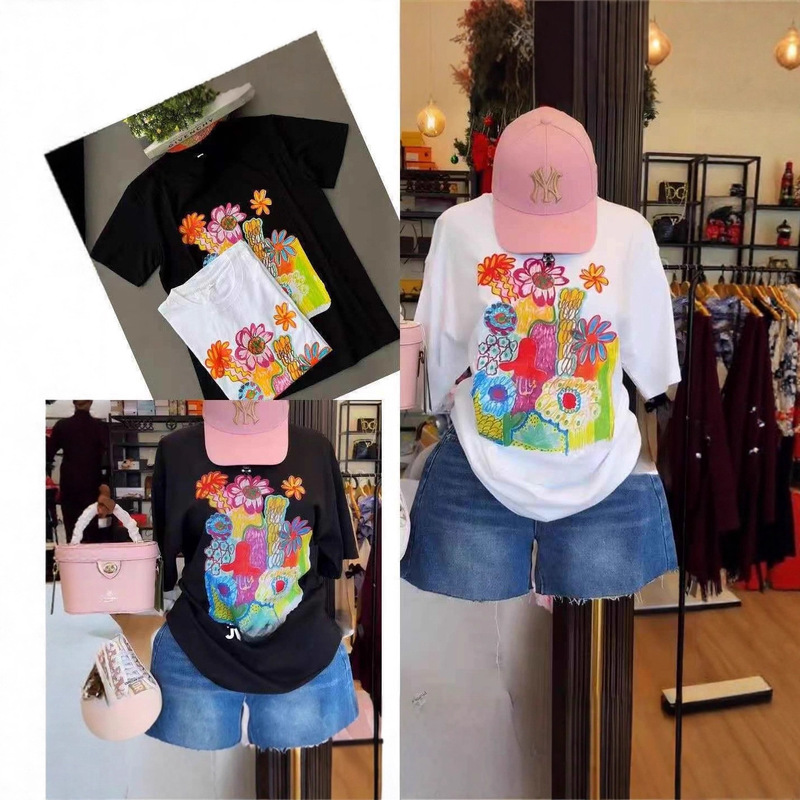 Foreign Trade 300g Short-Sleeved Printed Off-Shoulder Sleeve Loose T-Shirt for Women Street Trendy Cartoon Creative Versatile Casual Top