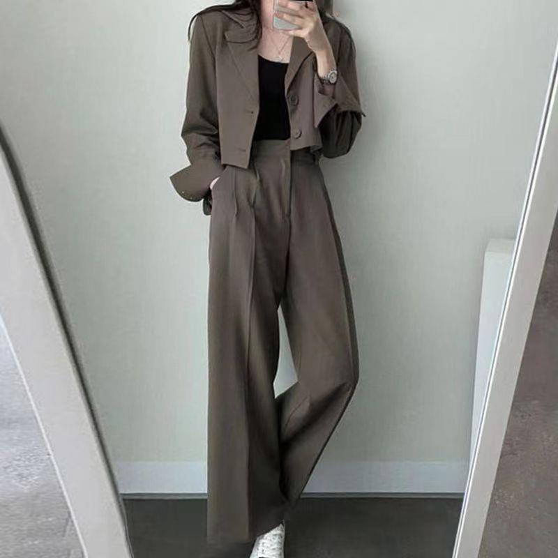 ChicShe Korean Chic Retro Revers Zwei-Knopf Lockerer Blazer Kurze Jacke Hoch taillierte Hose mit weitem Bein Lange Hosen Anzug Damen_voghion.com