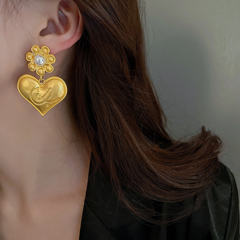 47g Weight Rhinestones, Pearl Inlay Material 1 Pair Retro Geometric Flower Copper Inlay Rhinestones Pearl Drop Earrings