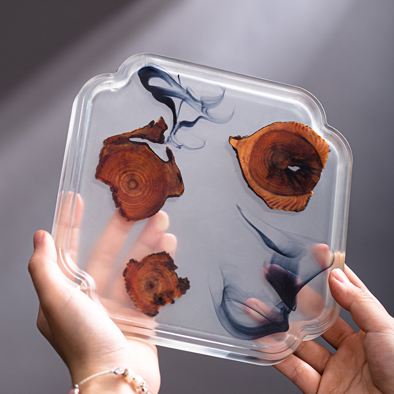 Winjiang transfronterizo aislamiento de tinta resina posavasos olla rodamiento de madera sólida bandeja de burbujas secas bandeja de madera pequeña bandeja de té bandeja de olla de una sola capa