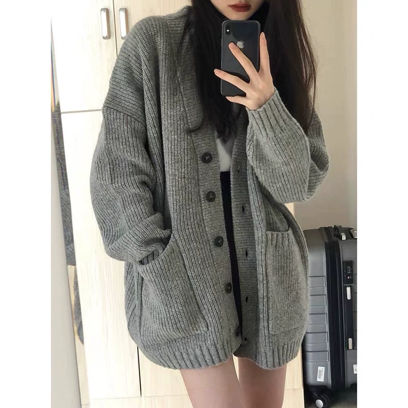 Вязаный осенний свитер, кардиган, жакет, стиль Chanel, свободный крой, V-образный вырез