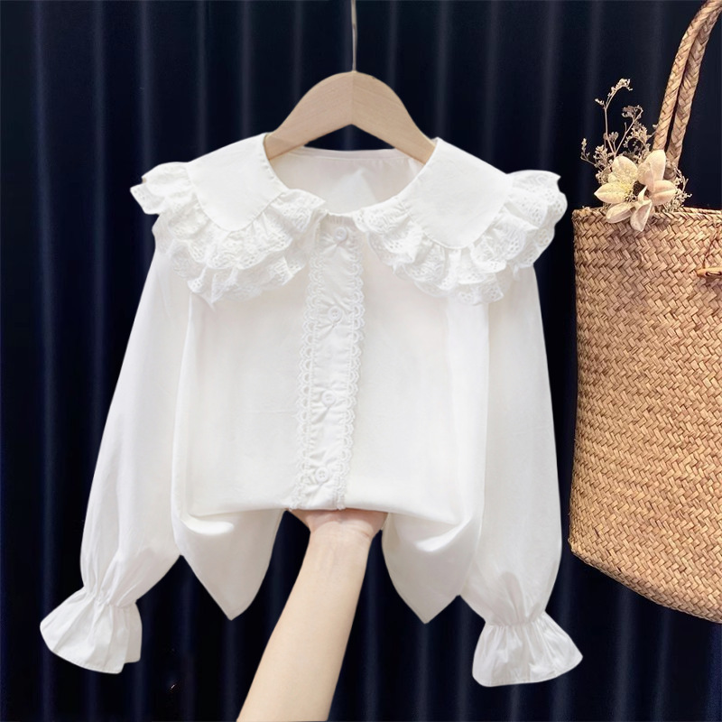 Lace-Trimmed Girls' Blouse White Babydoll Shirt Spring and Autumn Long-Sleeved Children's Student Pure Cotton 2025 New Style Lace-Trimmed Girls' Blouse White Babydoll Shirt Spring and Autumn Long-Sleeved Children's Student Pure Cotton 2025 New Style