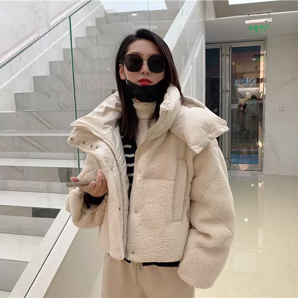 韩国23冬季新款Z家加厚保暖连帽羊羔毛羽绒服鹅绒服V234PSG950