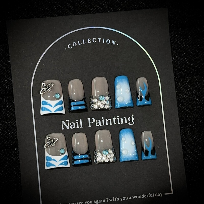 Purely Handmade Wearable Nails with a High-End Feel, Blue Hand-Painted Short Duckbill Nail Tips, European and American Style Rhinestone Fake Nail Stickers Wholesale