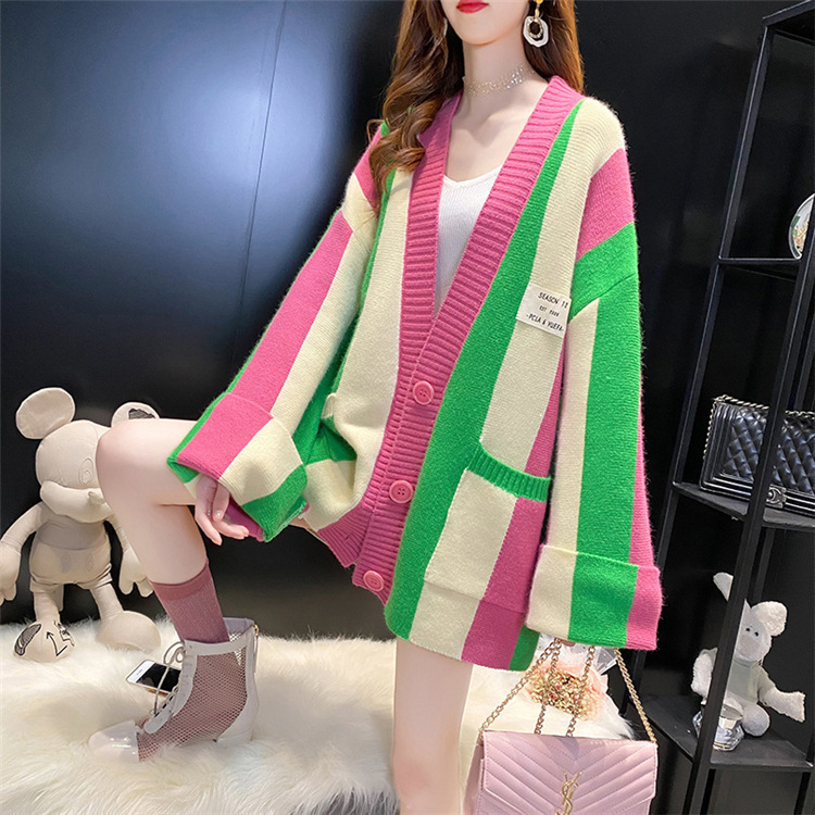 Striped Color-Blocked Knitted Cardigan for Women 2025 Spring New Korean Style Loose Large Size Lazy Style Sweater Jacket