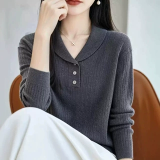 复古绞花Polo领宽松毛衣打底衫女秋冬显瘦翻领半开扣针织毛衫上衣